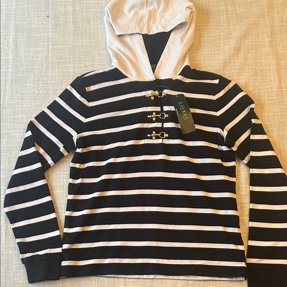 NWT Ralph Lauren Black and White Striped Top with Gold Toggles